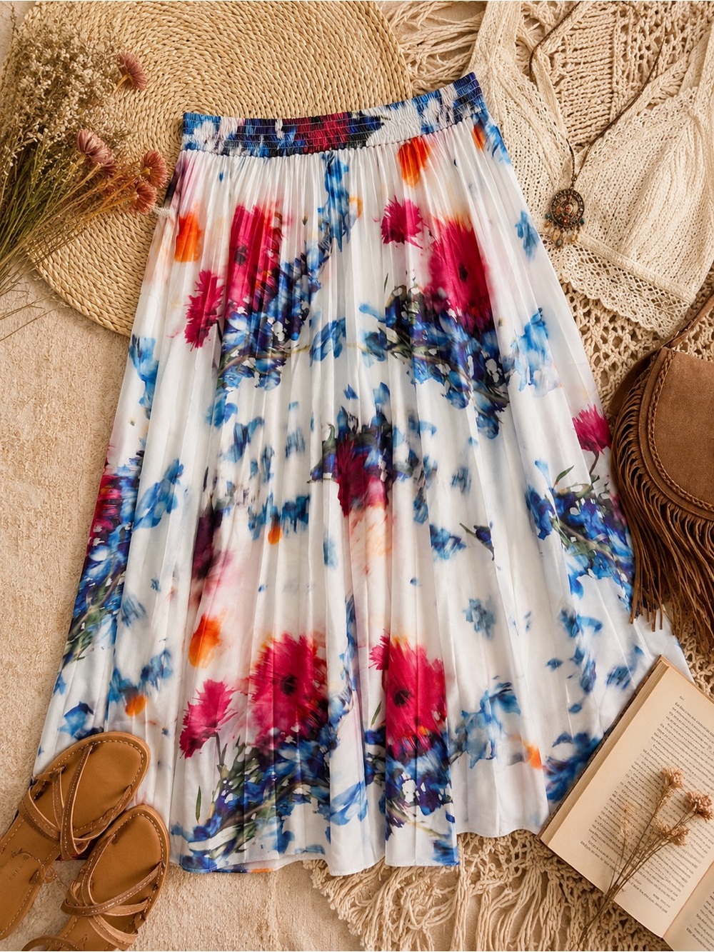 Club Monaco Boho Chic Watercolor Floral Pleated Midi Skirt | White Multicolor - Picture 3 of 5